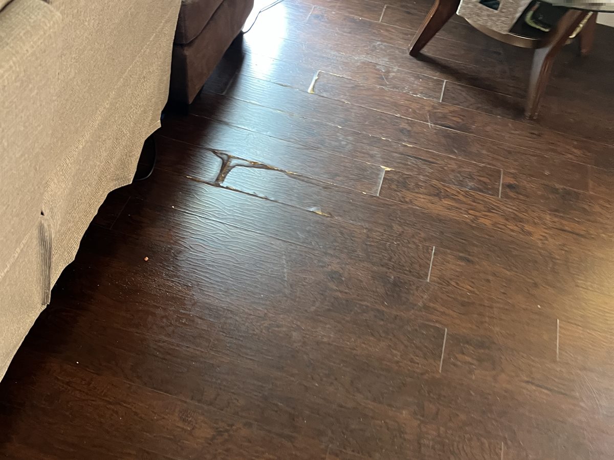 Wentzville house before: dark laminate flooring peeling and separating at the seams